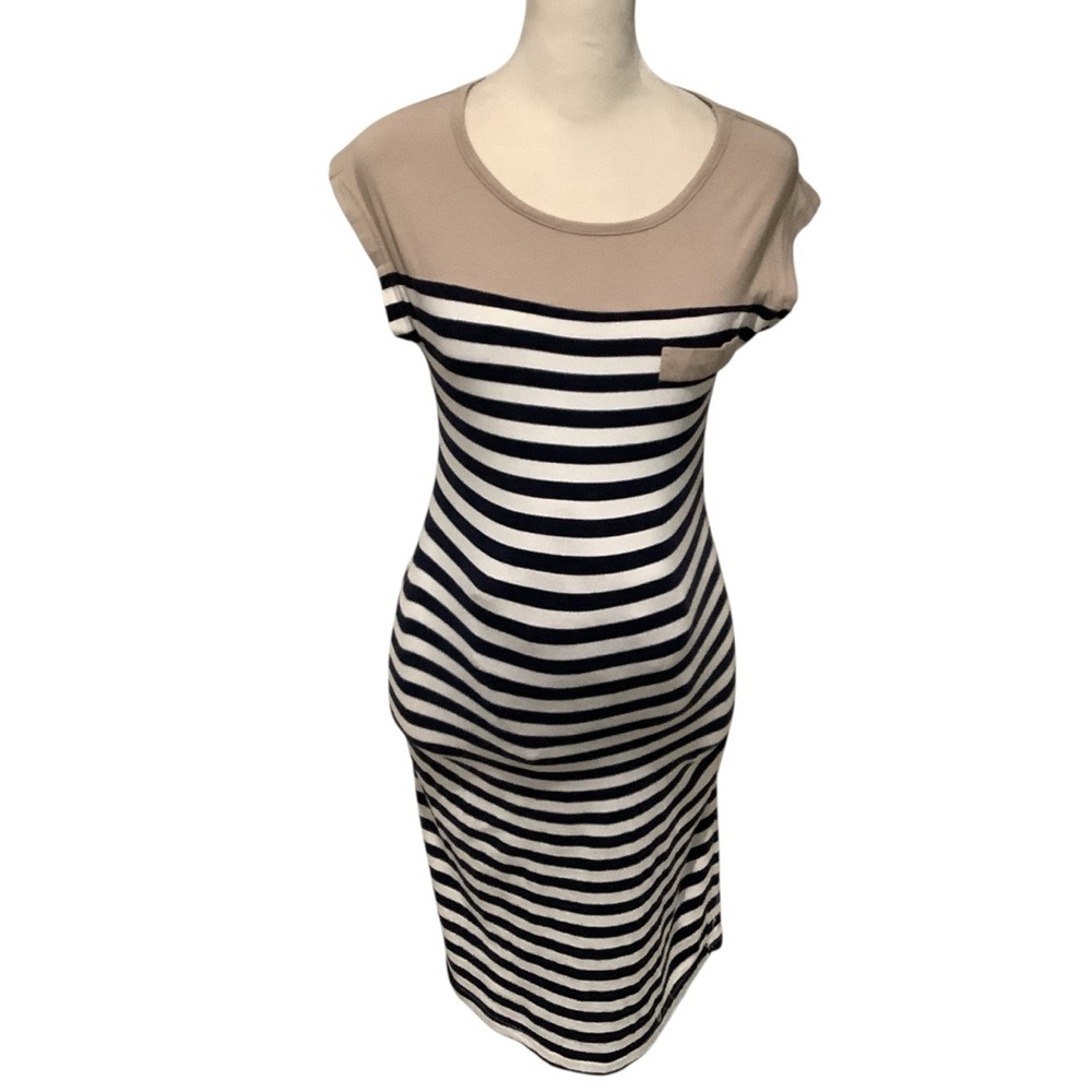 Mom’s The Word Maternity Navy Blue, Beige and White Striped Dress Size S